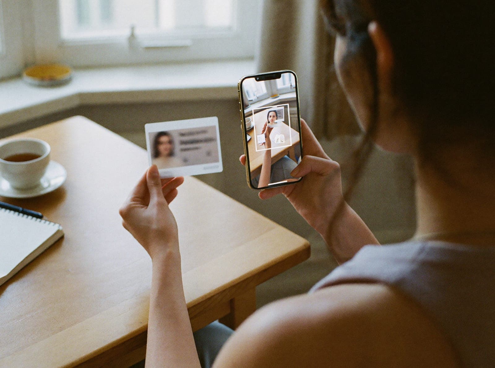 A woman at her kitchen table holds up her ID card while her phone frames her face for an identity check.